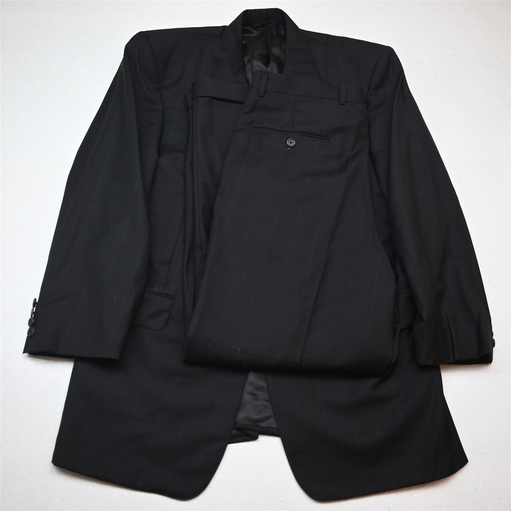 Hickey Freeman 40S 34x30 Black Windowpane 100% Wool Tasmanian Boardroom Suit